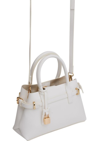 Beyaz Kadın Mini Kilit Detaylı El ve Omuz Çantası