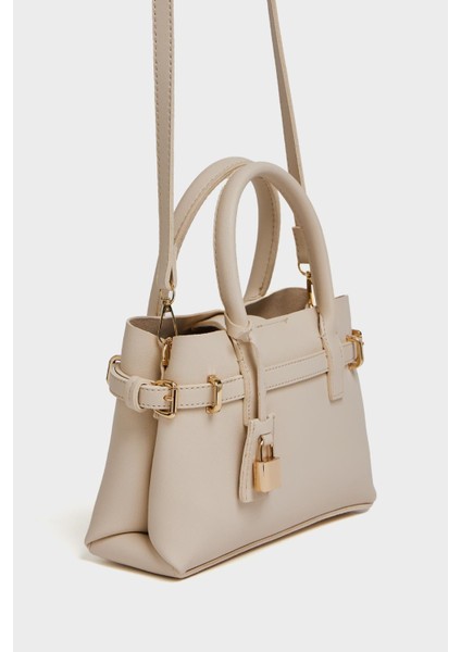 Krem Kadın Mini Kilit Detaylı El ve Omuz Çantası