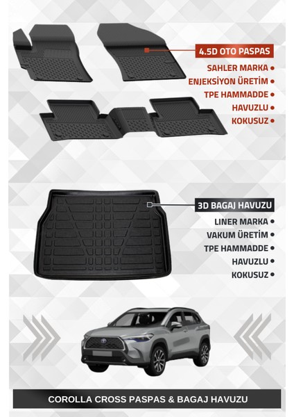 Corolla Cross 2022+ Uyumlu 4.5d Premium Havuzlu Oto Paspas ve Liner Marka 3D Bagaj Havuzu - Corolla Cross