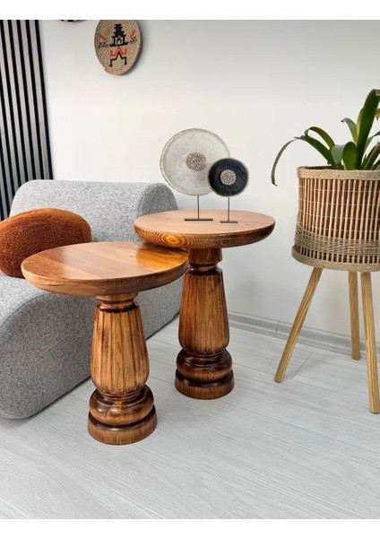 Doğal Ahşap 2'li Set Mantar Yan Sehpa Modern Açık Ceviz Fiskos Zigon Çiçeklik modelleri
