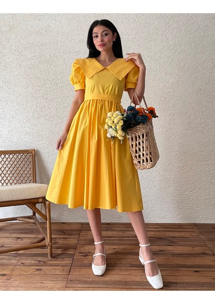 Sarı Büyük Yakalı Kloş Poplin Elbise