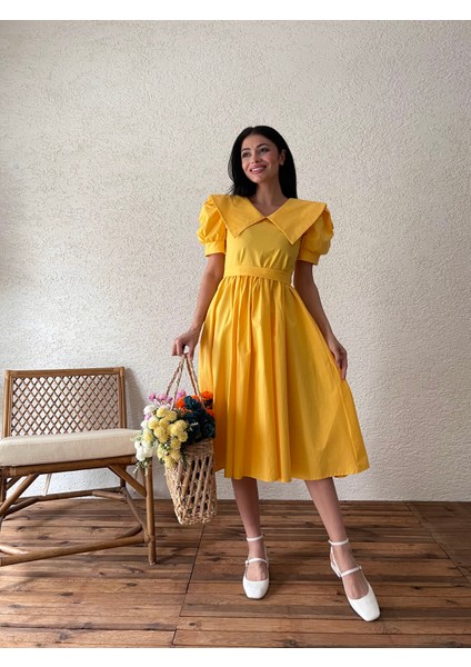 Sarı Büyük Yakalı Kloş Poplin Elbise fiyatları