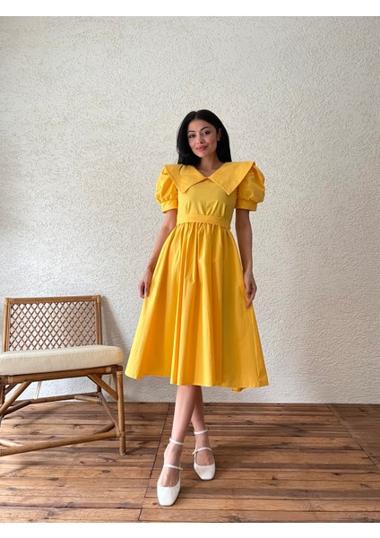 Sarı Büyük Yakalı Kloş Poplin Elbise fırsatları