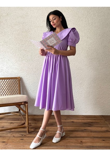 Lila Büyük Yakalı Kloş Poplin Elbise