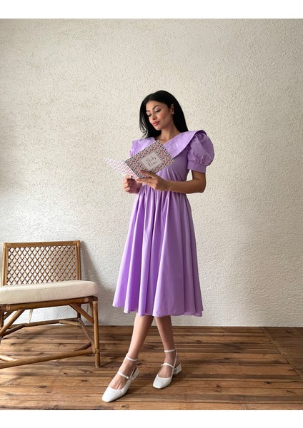 Lila Büyük Yakalı Kloş Poplin Elbise fırsatları