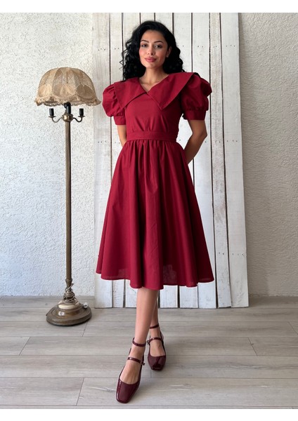 Bordo Büyük Yakalı Kloş Poplin Elbise