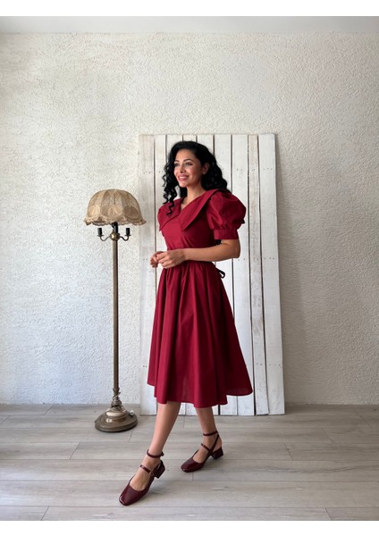 Bordo Büyük Yakalı Kloş Poplin Elbise modelleri
