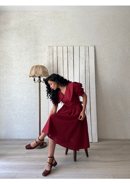 Bordo Büyük Yakalı Kloş Poplin Elbise fırsatları
