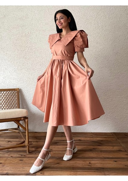 Somon Büyük Yakalı Kloş Poplin Elbise