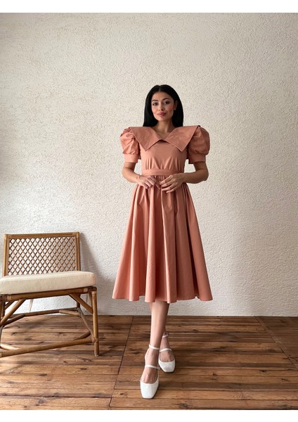 Somon Büyük Yakalı Kloş Poplin Elbise fiyatları