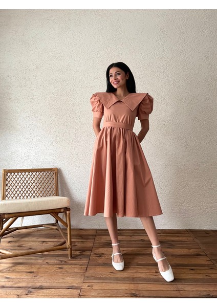 Somon Büyük Yakalı Kloş Poplin Elbise fırsatları