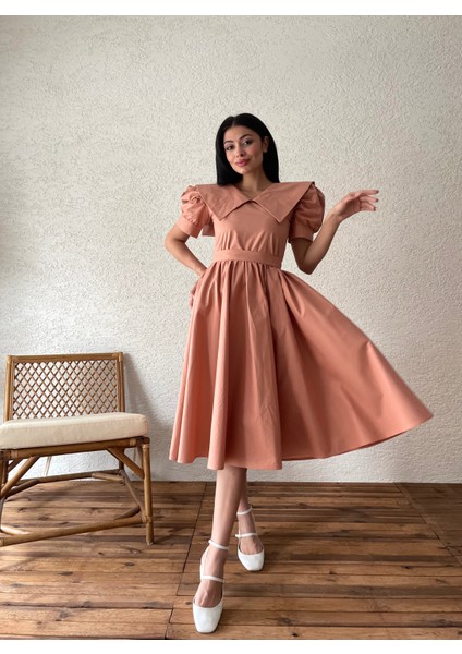 Somon Büyük Yakalı Kloş Poplin Elbise indirimleri