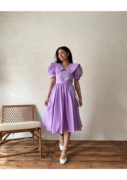 Lila Büyük Yakalı Kloş Poplin Elbise fiyatları
