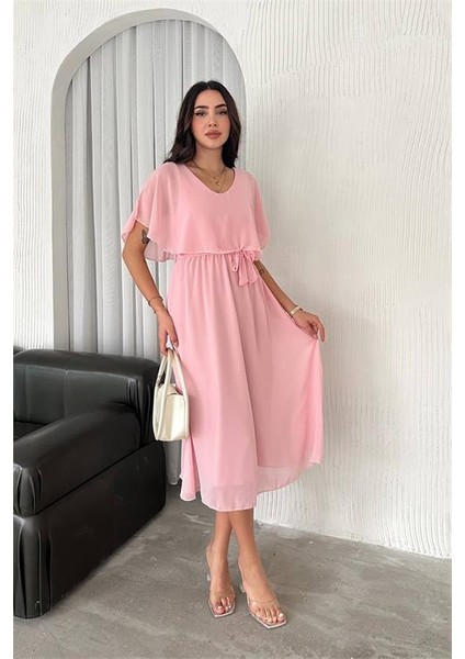 Dipmoda kadın kuşaklı midi boy şifon elbise DPK4116