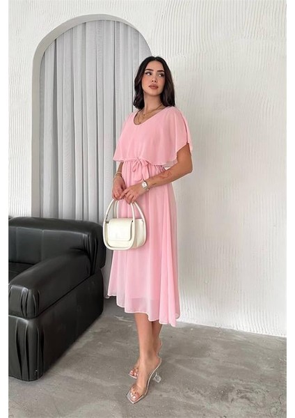 Dipmoda kadın kuşaklı midi boy şifon elbise DPK4116