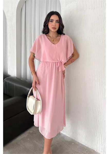 Dipmoda kadın kuşaklı midi boy şifon elbise DPK4116