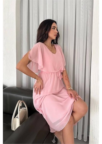 Dipmoda kadın kuşaklı midi boy şifon elbise DPK4116