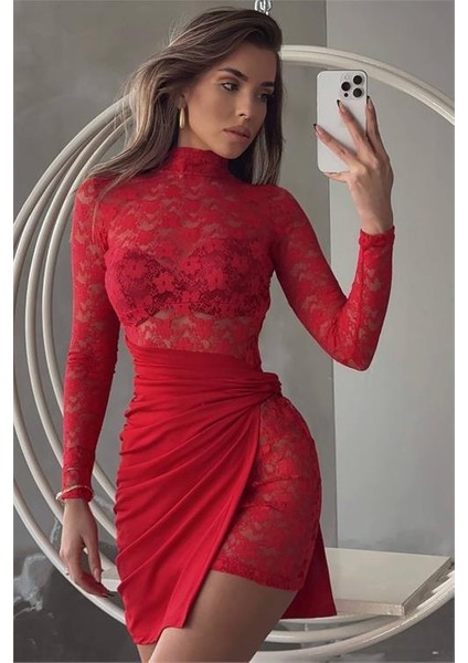 Dipmoda kadın kırmızı mini dantel elbise DPDF016