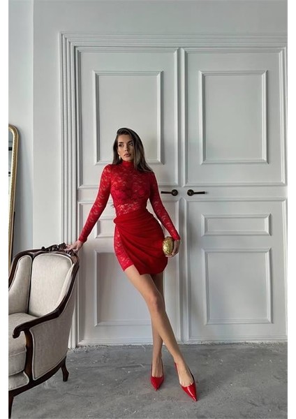 Dipmoda kadın kırmızı mini dantel elbise DPDF016 modelleri