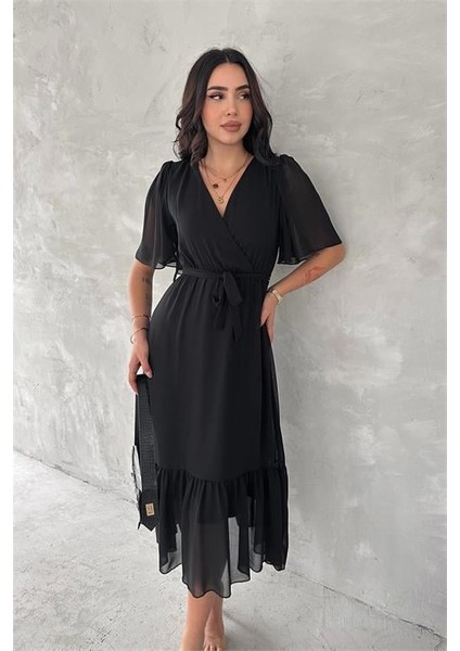 Dipmoda kadın kruvaze yaka kuşaklı şifon elbise DPK4115