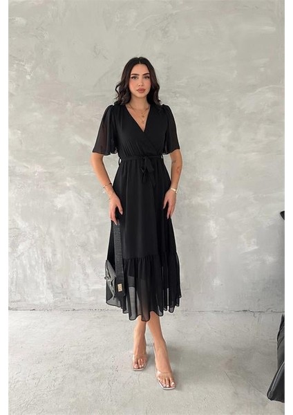 Dipmoda kadın kruvaze yaka kuşaklı şifon elbise DPK4115 fiyatları