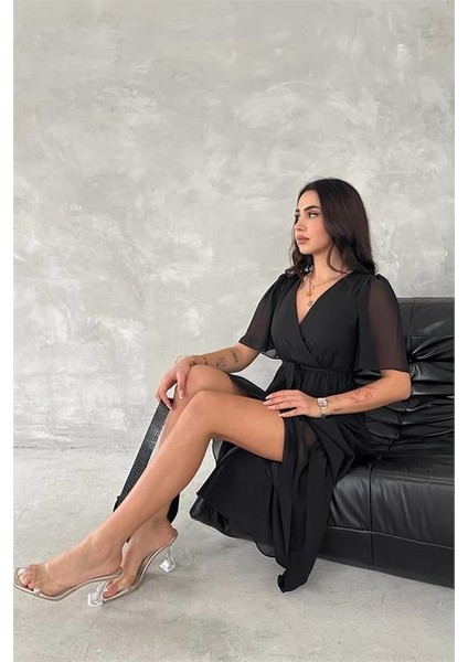 Dipmoda kadın kruvaze yaka kuşaklı şifon elbise DPK4115 modelleri