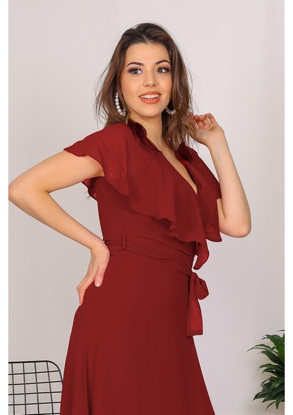 Dipmoda Kadın Kruvaze Yaka Bağlama Detaylı Yeni Sezon Uzun Şifon Elbise KTS001 fiyatları