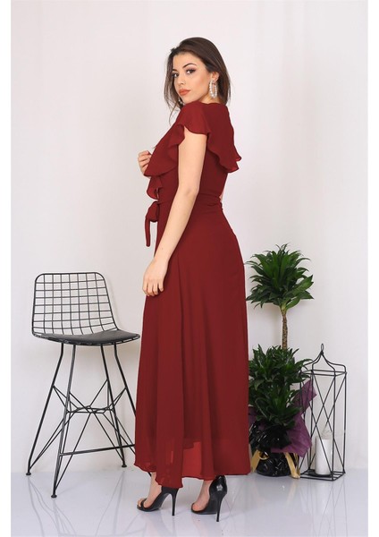 Dipmoda Kadın Kruvaze Yaka Bağlama Detaylı Yeni Sezon Uzun Şifon Elbise KTS001 modelleri