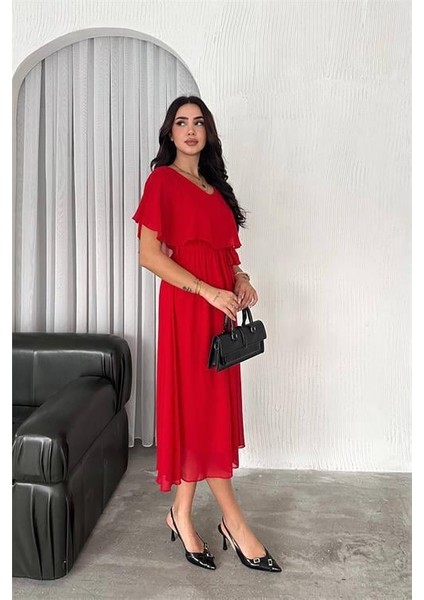 Dipmoda kadın kuşaklı midi boy şifon elbise DPK4116