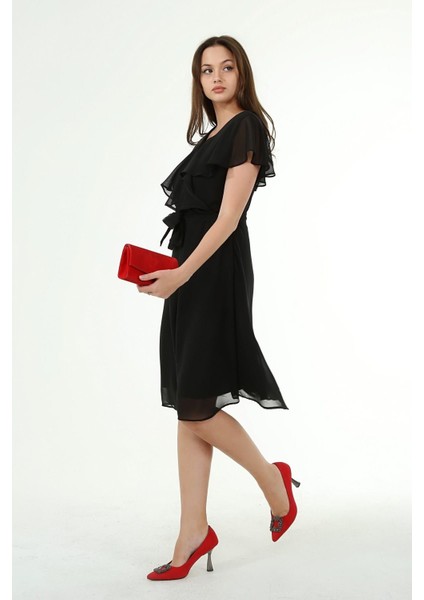 Dipmoda Kadın Kruvaze Yaka Bağlama Detaylı Yeni Sezon Şifon Elbise DP8081 modelleri