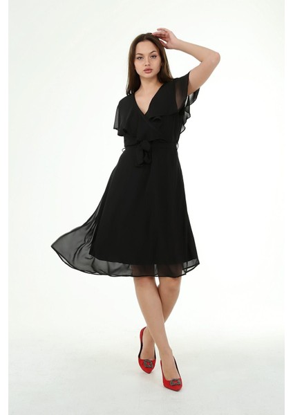 Dipmoda Kadın Kruvaze Yaka Bağlama Detaylı Yeni Sezon Şifon Elbise DP8081 fırsatları