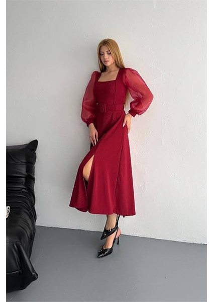 Dipmoda kadın kare yaka kemerli balon kol elbise DPK0015