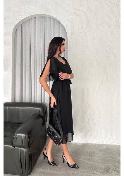 Dipmoda kadın kuşaklı midi boy şifon elbise DPK4116