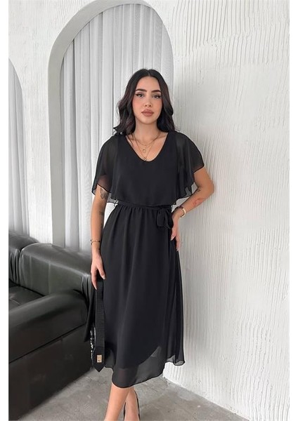 Dipmoda kadın kuşaklı midi boy şifon elbise DPK4116