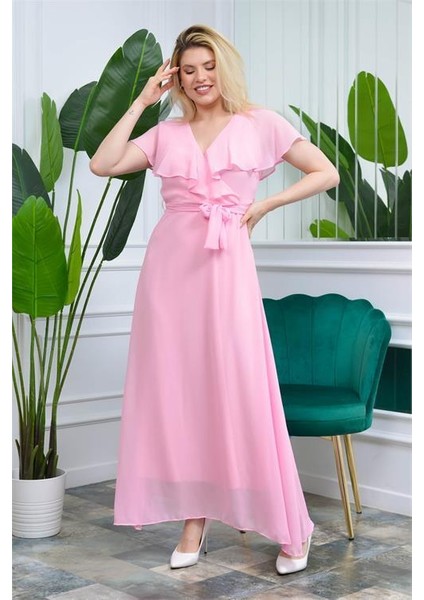 Dipmoda Kadın Pudra Kruvaze Yaka Bağlama Detaylı Uzun Şifon Elbise KTS001