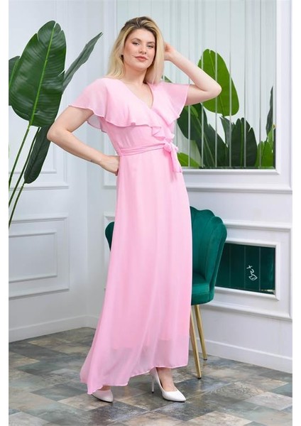 Dipmoda Kadın Pudra Kruvaze Yaka Bağlama Detaylı Uzun Şifon Elbise KTS001 fiyatları