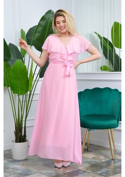 Dipmoda Kadın Pudra Kruvaze Yaka Bağlama Detaylı Uzun Şifon Elbise KTS001 modelleri