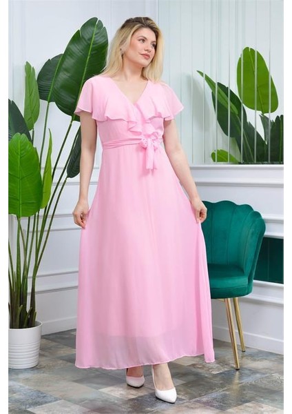 Dipmoda Kadın Pudra Kruvaze Yaka Bağlama Detaylı Uzun Şifon Elbise KTS001 fırsatları