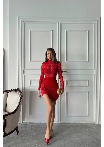 Dipmoda kadın kırmızı mini dantel elbise DPDF016 fırsatları