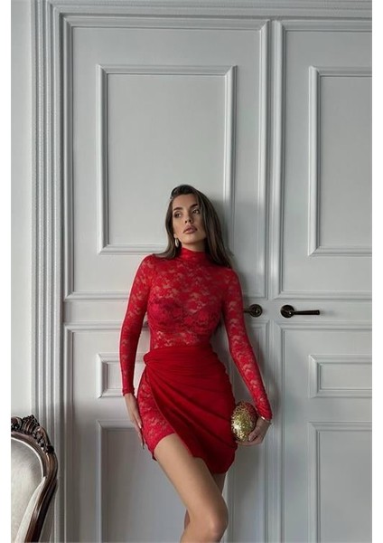 Dipmoda kadın kırmızı mini dantel elbise DPDF016 indirimleri