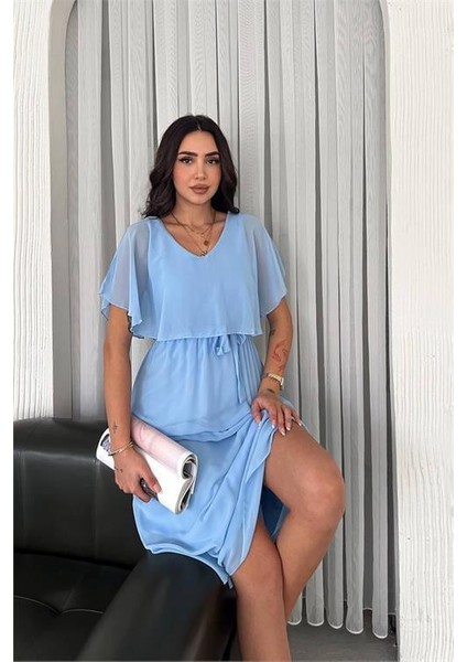 Dipmoda kadın kuşaklı midi boy şifon elbise DPK4116