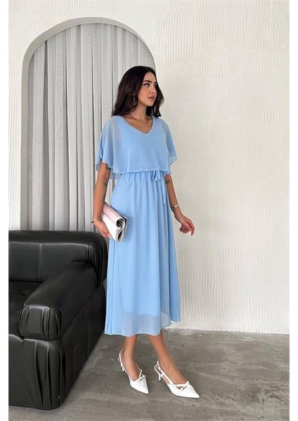 Dipmoda kadın kuşaklı midi boy şifon elbise DPK4116