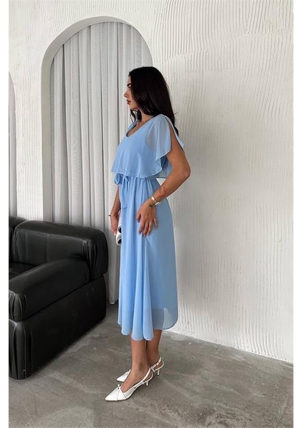 Dipmoda kadın kuşaklı midi boy şifon elbise DPK4116