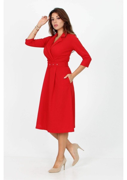 Dipmoda Kadın kemer detaylı midi boy elbise DKS016