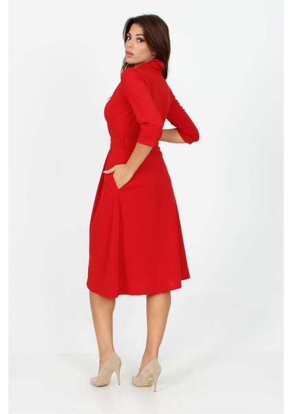 Dipmoda Kadın kemer detaylı midi boy elbise DKS016 modelleri