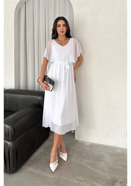 Dipmoda kadın kuşaklı midi boy şifon elbise DPK4116