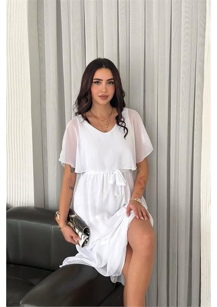 Dipmoda kadın kuşaklı midi boy şifon elbise DPK4116