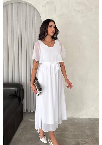 Dipmoda kadın kuşaklı midi boy şifon elbise DPK4116