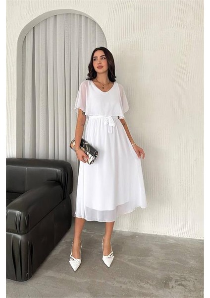 Dipmoda kadın kuşaklı midi boy şifon elbise DPK4116