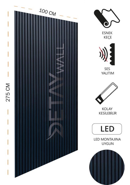 Mdf Ahşap Akustik Duvar Paneli - 100 x 275 cm - İzlanda Mavisi